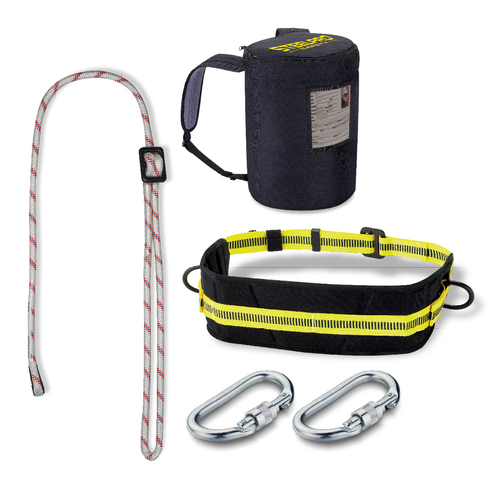 Kit compuesto por: arnés  + cuerda  + 2 mosquetones  + mochila  +S
