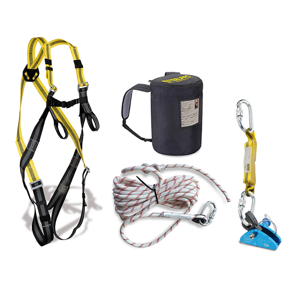 Kit compuesto por: arnés  + dispositivo deslizante y posicionamiento  + cuerda  + mochila  +S